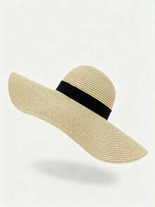 1pc Women's Wide Brim Straw Hat - UV Protection Summer Sun Hat With Black Ribbon - Foldable Beach Hat, Suitable For Vacation And Travel - Multicolor - View 8