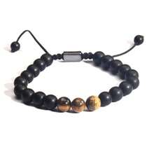 1pc Men's Football Beaded Bracelet, Black Matte Tiger Eye Stone Bracelet, Black Matte Beaded Football Theme Bracelet With Tiger Eye Stone Accents, Simple Adjustable Braided Rope Design, Personalized Versatile Sports Style Accessory - Multicolor - View 2