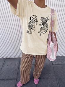 Be Stil & Know 女款休閒時尚大尺寸短袖上衣與條紋長褲套裝，豹紋波點格紋優雅運動風派對健身夏季六月節慶法國西班牙德國，學院風女款休閒套裝，Saint John，六月慶典 - 杏色+棕白豎條 - 查看 3