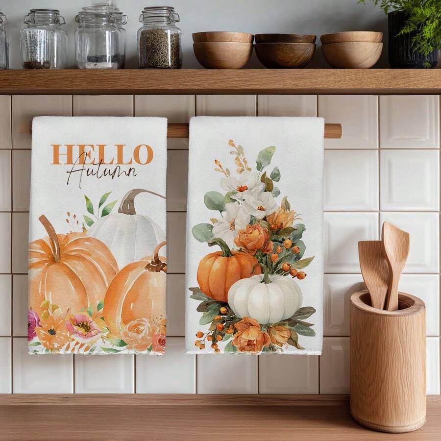 2件裝 Hello Autumn 南瓜印花超細纖維柔軟廚房毛巾，40*60cm 長方形抹布、桌布、手巾，廚房裝飾、家居裝飾，鄰居喬遷禮物，廚房餐巾與抹布，廚房浴室家居必需品 - 橘色 - 查看 1
