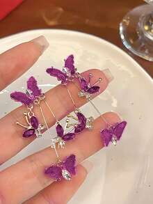 2 piezas Pendientes con Colgante de Mariposa Púrpura & Borla de Perla, Adecuados para Atuendos de Primavera y Verano - Mariposa púrpura - Ver 2