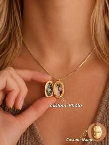 1PC Customized Oval Photo Locket Necklace, Personalized Stainless Steel Locket Necklace, Customized Oval Photo Pendant Necklace, Necklace With Personalized Engraving, Pendant With Photo Engraving, Customizable Photo And Text, Fashion Locket Chain Photo Necklace, Suitable As A Personalized Gift For Her/Him, Perfect As A Mother's Day Gift Or A Gift For Best Friend - Custom Photo Box Necklace - View 2