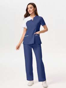 TaskEZ Medical Pajama Uniform Set With Short Sleeve V-Neck Top And Contrasting Pants - Azul Marino - 查看 1