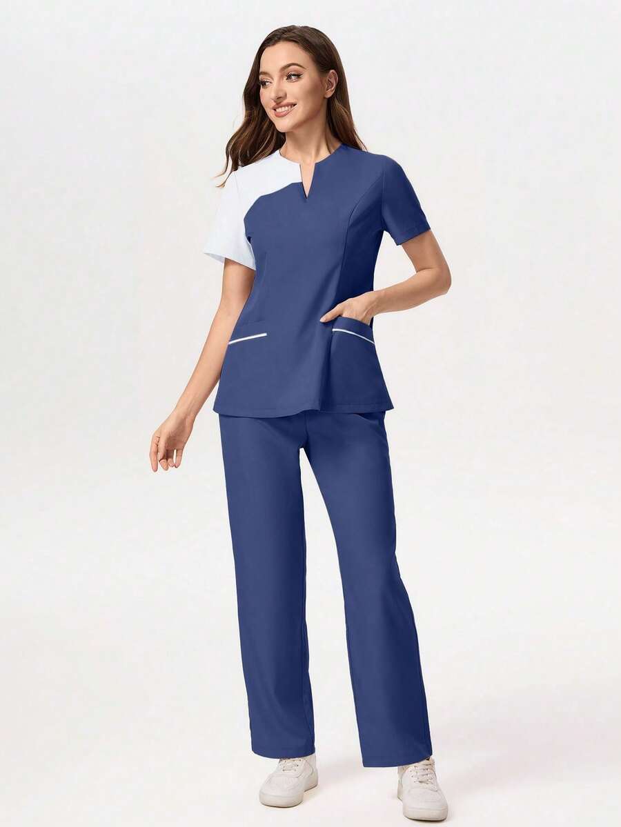 TaskEZ Medical Pajama Uniform Set With Short Sleeve V-Neck Top And Contrasting Pants - Azul Marino - 查看 1