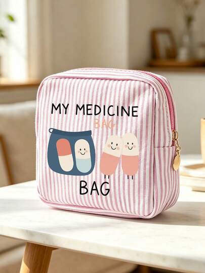 Mini Portable Striped Pill Bag With Pill Series Letter Pattern, First Aid Kit, Medical Emergency Bag, Outdoor Home Pill Storage Bag, Travel Organizer Bag, Makeup Bag, Cosmetic Bag, Vacation Storage Bag, Skincare Bag, Lip Gloss Storage Bag, Mother's Day Gift, Birthday Gift, Bathroom Storage, Student Dorm Toiletries Bag, Gift For Wife, Family, Friends