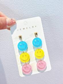 1 Pair Of Back-To-School Acrylic Smiling Face Stud Earrings, Bright And Contrasting Colored Party Earrings - Multicolor - View 6