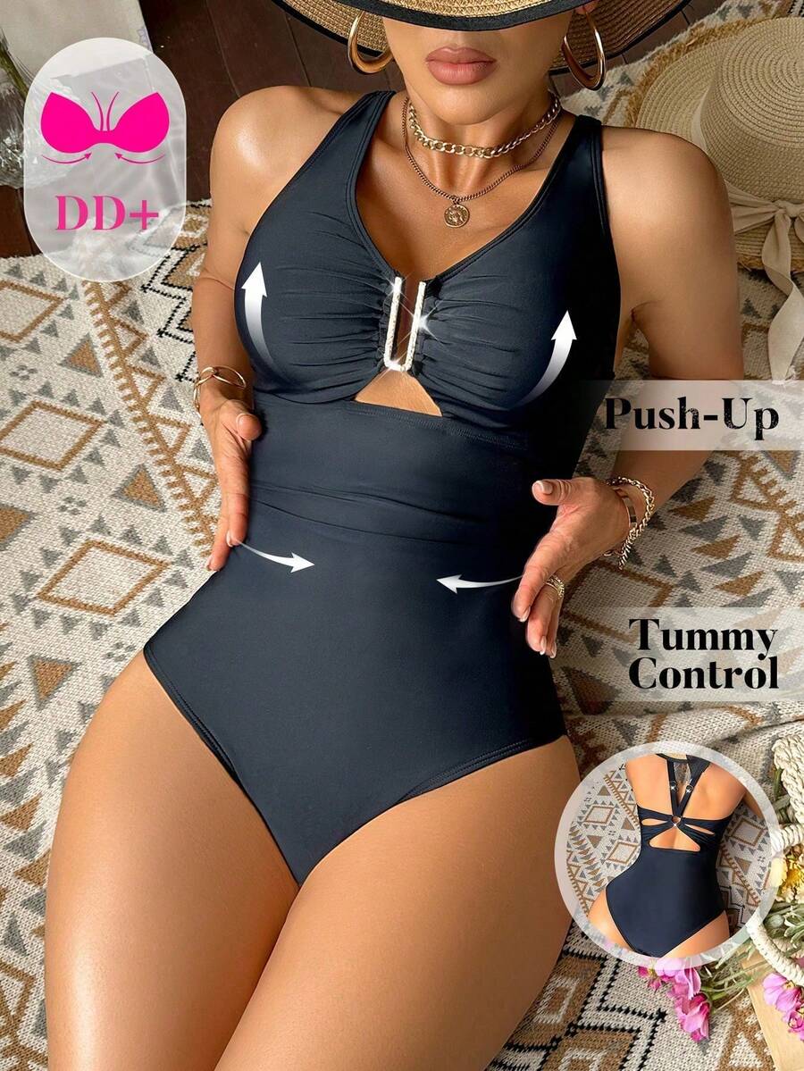 Voyashape Traje de baño de una pieza de unicolor plisado y hueco para mujer - Negro - Ver 1