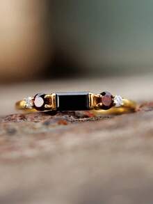 1pc Bohemian Vintage Fashion Minimalist Ring, Square Black Vintage Design, Versatile Minimalist Ring - Multicolor - View 7