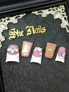 DIY 10pcs Full Cover Duck-Shaped Press-On Nails, White & Red Nail Art, Red Leopard Print With 3D Rhinestones & Pearls, Y2K Elegant & Luxurious Style, Removable Fake Nails For Spring, Summer, Autumn, Winter, Suitable For Party, Daily Wear And Cosplay, Includes Jelly Glue And Nail File Handmade Press On Nails - White - View 6