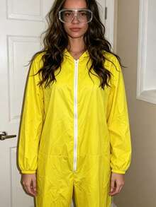 Women Windproof Jumpsuit With Hood Simple Solid Color Long Sleeve Zip-Up Pants Romper For Daily Cosplay Party - Yellow - View 4