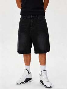 Vintage Distressed Grey Loose Straight Leg 5-Inch Denim Shorts For Men - Black - View 1