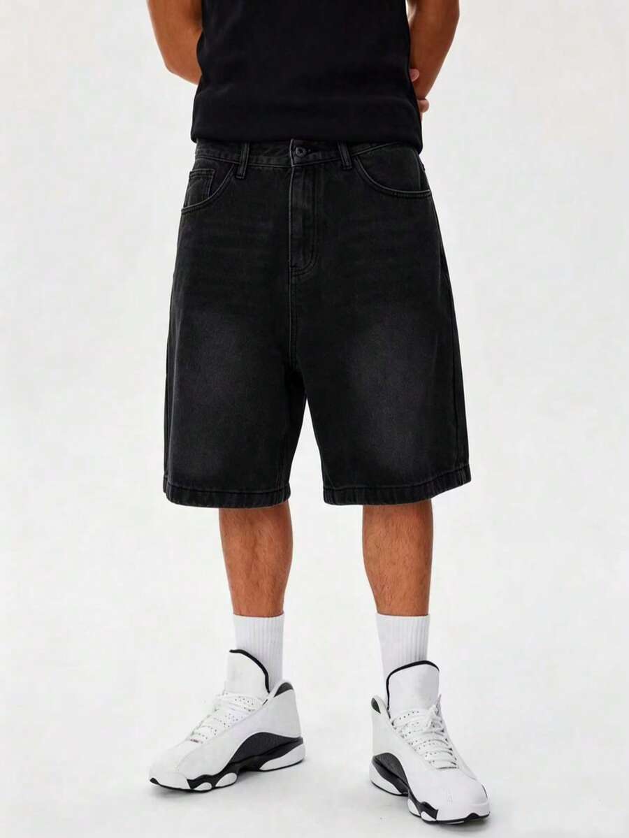Vintage Distressed Grey Loose Straight Leg 5-Inch Denim Shorts For Men - Black - View 1