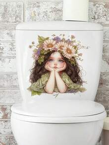 1pc Healing Fairy Tale Style Toilet Decor Sticker, Forest Flower Fairy/Moonlight Fairy Design, Waterproof Removable Bathroom Wall DIY Renovation Style Sticker - Wall Stickers - View 7