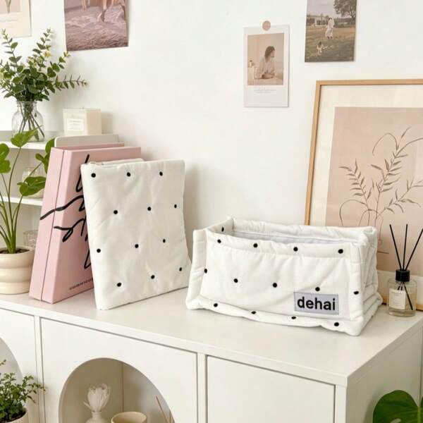 Korean Style Fabric Polka Dot Quilted Storage Basket, Home Use, Can Hold Books, Toys And Miscellaneous Items, Simple Organizer Basket.