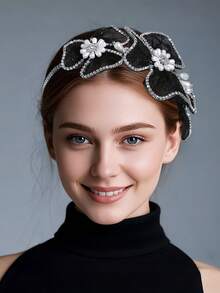 1件優雅女士髮飾，仿珍珠與水鑽髮梳，精緻仿水晶側梳，新娘頭飾，婚禮宴會與休閒髮飾，夏季 - 黑色 - 查看 2