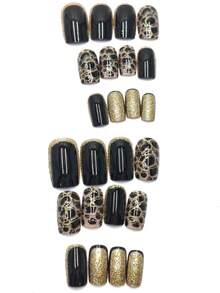 24Pcs Black Leopard Pattern Gold Square Nails + Jelly Gel + Nail File Set Press On Nails Nail Supplies Nails - 咖啡棕 - 查看 3