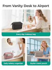 - Bolsa de maquillaje de viaje, bolsa de cosméticos, organizador de maquillaje, bolsa grande abierta para mujer, bolso para artículos de cambiador, accesorios, cepillos - 02-1 Capa - Rosa - Ver 6