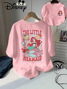 Disney The  Ariel Print T Shirt Women Casual Red Double Sided Short Sleeve Tee With Flounder Sebastian - Light Grey - View 4
