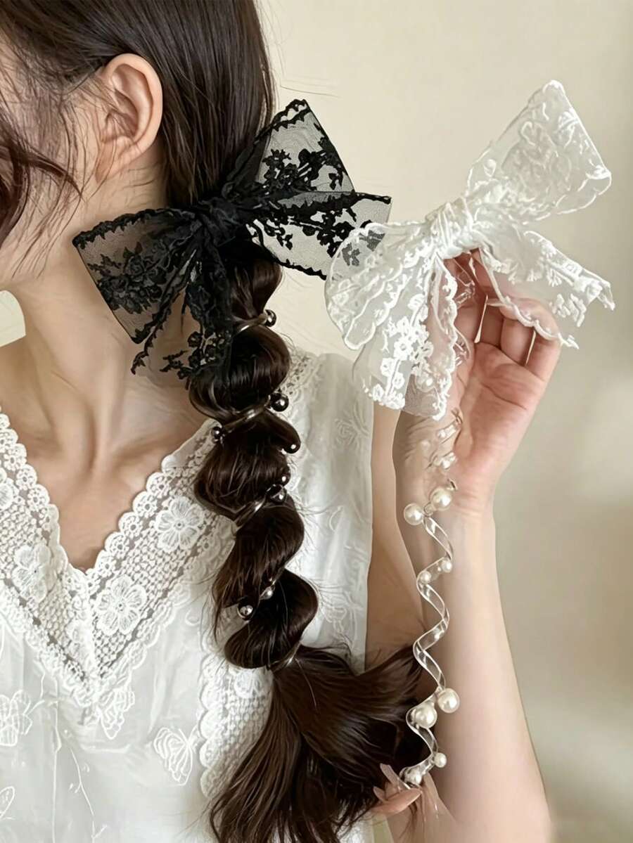1pc Girls Elegant Braided Black Lace Bow Beaded Spiral Telephone Cord Hair Tie, Suitable For Daily Wear And Party, Essential Fashion Hairstyle Accessory - Multicolor - View 1