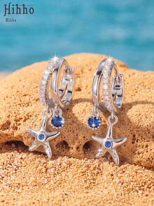 Hihho 1 Pair Ocean Vacation Style Charming Fashion Starfish Earrings, Royal Blue Zirconia Embellished, Versatile Women's Jewelry Ear Accessories Suitable For Daily, Party, Outing, Holiday Decoration Gift - Starfish - View 2