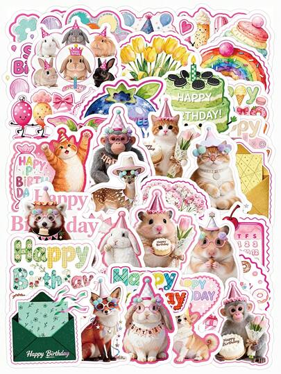 53pcs Happy Birthday Animal Stickers, Cute Party Animal Vinyl Decals, Waterproof Stickers For Journal, Water Bottle, Phone Case, Kindle, Scrapbooking, Birthday Cards & Students Crafts