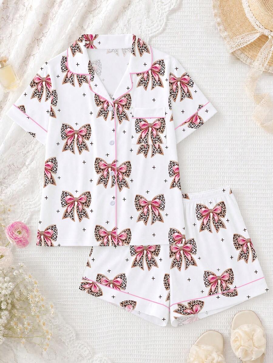 2pcs/Set Women's Pajama Set, Leopard Print Bow Tie, Women's Loungewear, Spring/Summer Holiday Outfit, Short Sleeve Lapel Top And Shorts, Can Be Worn Outdoors - Multicolor - View 1