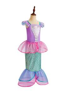 8 peças/Conjunto Acessórios de Vestido de Sereia Rosa Sem Mangas com Estampa Floral para Meninas, Conjunto de Fantasia de Princesa Infantil para Festa, Natal, Halloween - Rosa chiclete - Visão 8