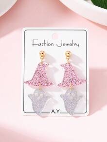 1 par de pendientes de joyería de moda para mujer con diseño de fantasma y sombrero de bruja brillante de Halloween, regalo perfecto para fiestas festivas - Multicolor - Ver 1