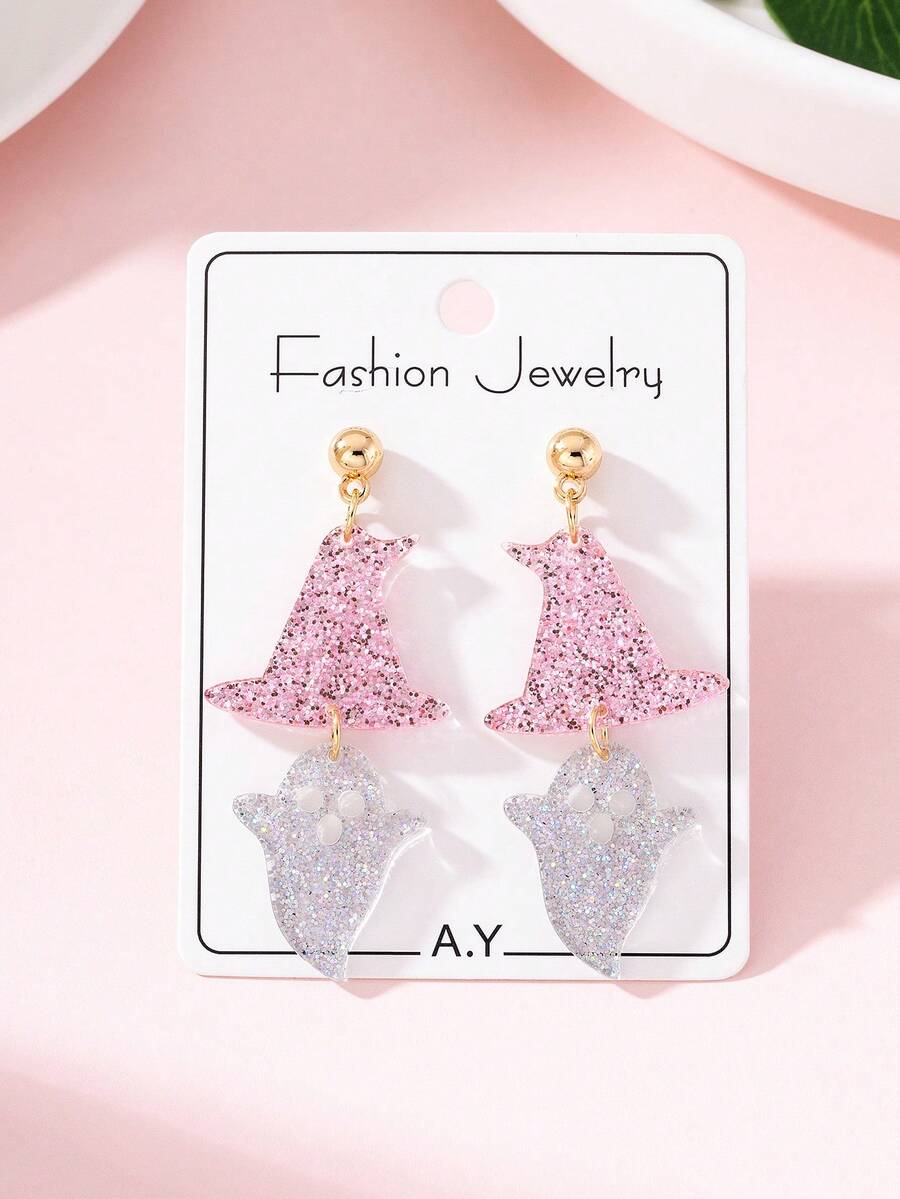 1 par de pendientes de joyería de moda para mujer con diseño de fantasma y sombrero de bruja brillante de Halloween, regalo perfecto para fiestas festivas - Multicolor - Ver 1