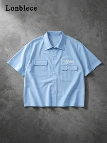 Lonblece Letter Print Utility Shirt, Light Blue Loose Silhouette Short Sleeve, American Vintage - Baby Blue - View 2