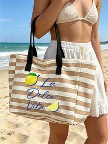 Striped Canvas Bag With Colorful Fruit Pattern, Large Capacity Beach Bag, Striped Travel Tote Bag Suitable For Beach, Pool, Vacation And Daily Use, Can Store Swimwear, Towels, Sunscreen And Beach Essentials, Suitable For Women, Girls, Travelers And Beach Lovers, Perfect For Summer Vacation, Birthday And Holiday Gifts, Can Be Used As Beach Bag, Pool Bag, Vacation Bag And Travel Storage Bag - Multicolor - View 11