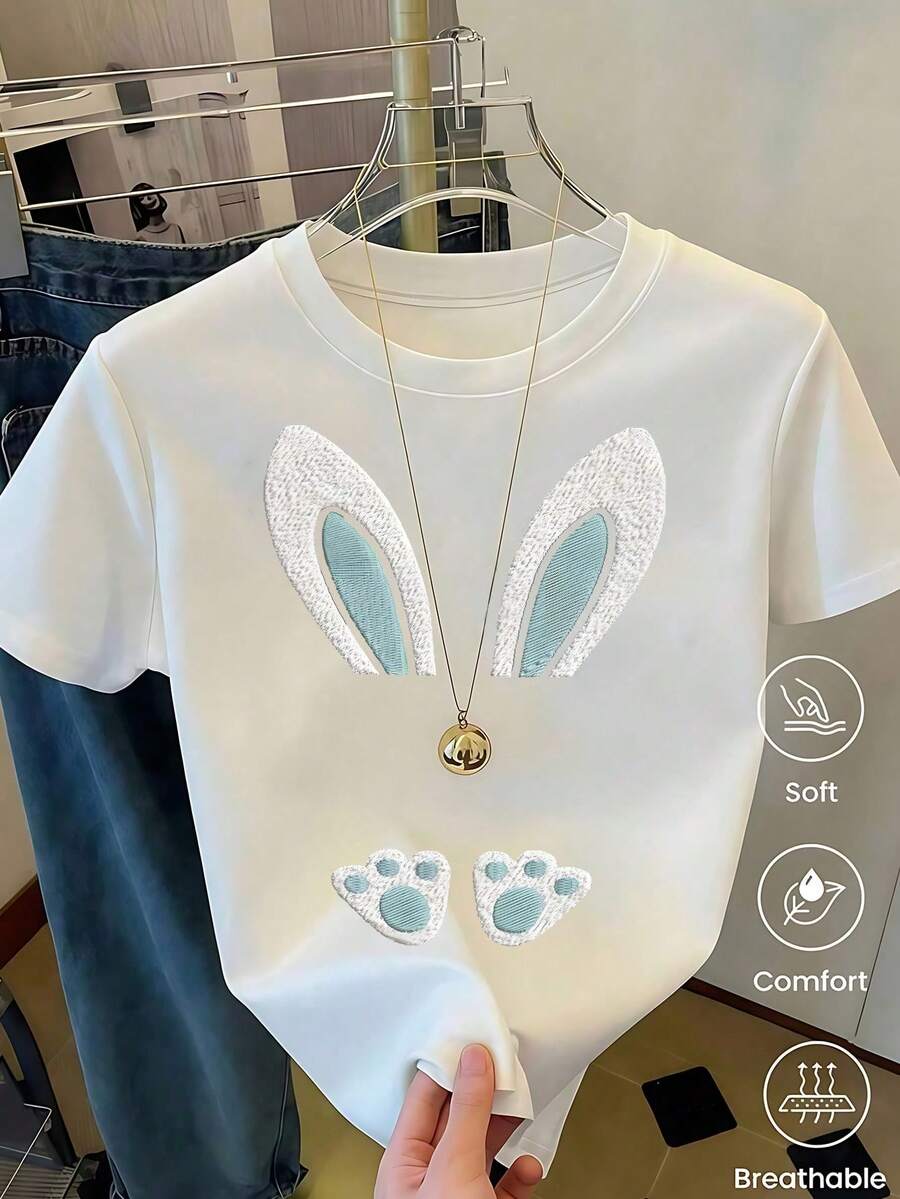 Women's White T-Shirt With Rabbit Ears And Paws In Leopard Print, Fashionable Animal Print T-Shirt, Casual Summer Blouse With Cute Bunny Design, Aesthetic And Fun Top - 咖啡棕 - 查看 1