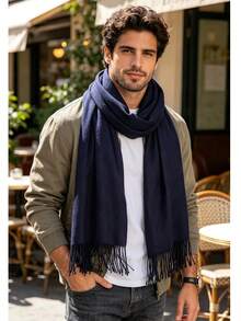 Plain Polyester Pashmina Scarf Weighing 150g-180g With Fringe, Unisex. - 藏蓝色 - 查看 3
