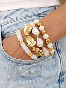 Set de 4 pulseras básicas de moda con cuentas de perlas falsas para mujer, para vacaciones de verano, citas, regalo, uso diario casual, fiestas y bodas - Amarillo Oro - Ver 1