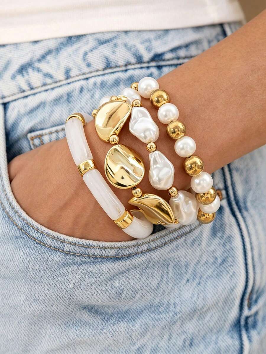 Set de 4 pulseras básicas de moda con cuentas de perlas falsas para mujer, para vacaciones de verano, citas, regalo, uso diario casual, fiestas y bodas - Amarillo Oro - Ver 1