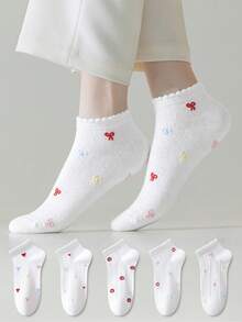 ZUJO 5 pares de calcetines cortos de mujer con volantes, patrón de dibujos animados de estrella y lazo, lindos y dulces, suaves y transpirables, adecuados para uso diario en primavera, otoño y verano - Multicolor - Ver 4