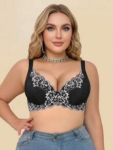 mimilemon Plus Size Women Lace Underwire Push-Up Bra - Lift & Support Comfortable, Fashionable Curve, Daily & Lingerie Series - Black and White - View 7