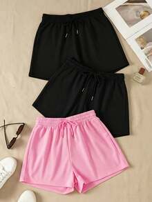 3-Piece Set Of Solid-Color Casual Athletic Shorts With Elastic Waistband And Drawstring - Red - View 1