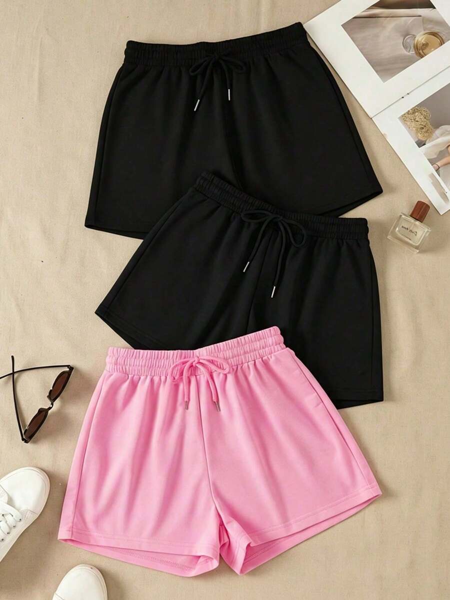 3-Piece Set Of Solid-Color Casual Athletic Shorts With Elastic Waistband And Drawstring - Red - View 1