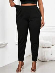 SHEIN Lady Plus Fold Pleated Slant Pocket Pants Plus Size Women's Pants, Summer Coordinated, Rave Festival, Long Women Dresses, Wedding Reception Dress Black - Black - View 8