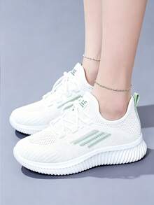 Spring/Summer Striped Breathable Mesh Women's Sports Shoes, Lightweight Soft-Sole White Sneakers, Versatile Casual Running Shoes For Daily Commute - Green - View 6