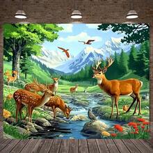 1pc Rustic Autumn Forest Deer And Bird Scene Durable Polyester Backdrop, Vibrant Wildlife Print, Suitable For Yard And Garden Decoration, No Power Needed, Garden Background_Rustic Design - 14 - View 4