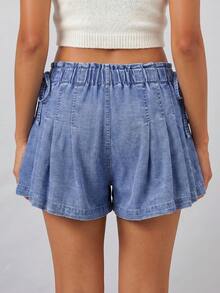 Womens Summer Denim Skorts Casual Loose Fit Stylish Pleated Solid Color Drawstring Elastic Mid Rise Shorts - Baby Blue - View 5