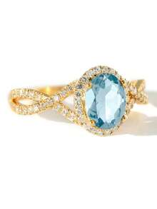 1 pieza Anillo elegante de mujer con circonita cúbica azul marino, adecuado para regalo de Día de San Valentín, Navidad, boda, compromiso, fiesta de aniversario, joyería - Dorado - Ver 3
