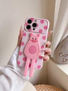 1pc Pink Side 3D Heart, Painted Polka Dot Pattern + Foldable Cute Pig Stand Phone Protective Case, Compatible With IPhone 17/17pro/17promax/16/16pro/16promax/15/15pro/15promax/15plus/14/14pro/14plus/14promax/13/13pro/13promax/12/12pro/12promax/11/11promax - Multicolor - View 5