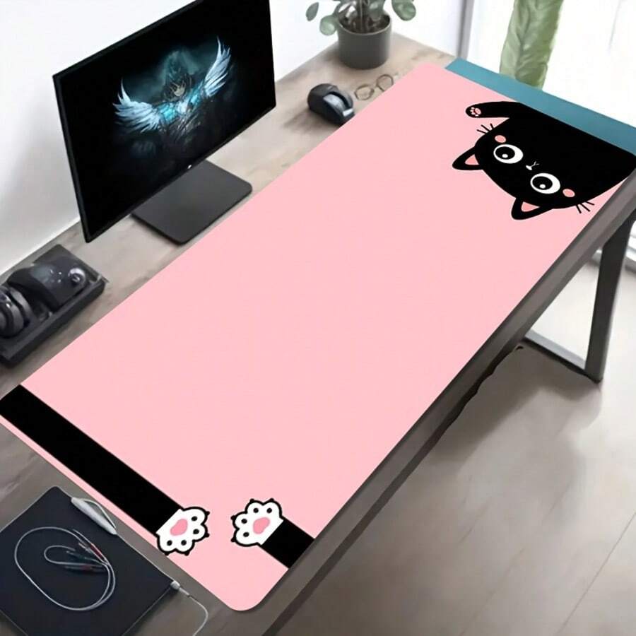 A Large Gaming Mousepad With A Pink Background And A Cute Black Cat Design. The Bottom Is Non-Slip. Suitable For Office Use, Computer Decoration, And Desktop Setup. An Ideal Choice For Gaming Mousepads. - Mouse Pad - View 1