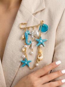 1pc Bohemian Ocean Vacation Style Brooch, Ocean Creature Acrylic Seahorse & Starfish Pendant With Faux Pearl And Shell Charm, Multi-Purpose Pin Brooch For Women - Multicolor - View 2