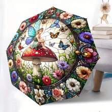 2D-tryckt färgglatt glas-paraply med blomster-, fjärils- och svampmönster, automatiskt fällbart, solskyddande, lätt och bärbart, lämpligt för utomhusfotografering, daglig pendling, anpassad semesterpresent - Multifärgad - Visa 3