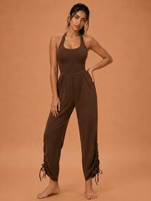 Never me Women's Casual Everyday Commute Solid Color Drawstring Ruched Ankle Backless Jumpsuit, Suitable For Running, Workout, Yoga, Slim Fit, Stretchy & Comfortable - Brown - View 3