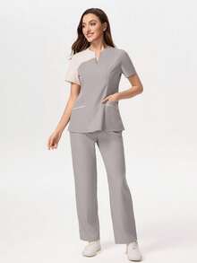 TaskEZ Medical Pajama Uniform Set With Short Sleeve V-Neck Top And Contrasting Pants - Light Grey - View 1